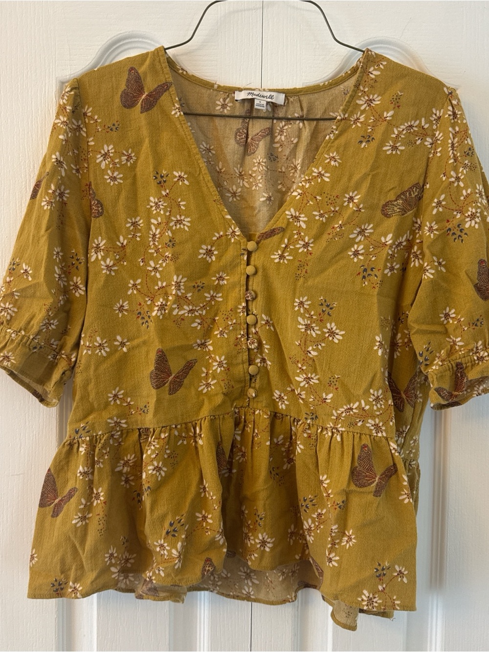 Madewell Maeve Mustard Floral Butterfly Peplum Button-Front Top